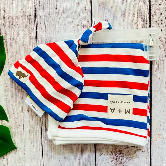 M+A by Monica + Andy Baby First Hello Blanket + Cap Organic Set, Red White Blue - Picture 1 of 12